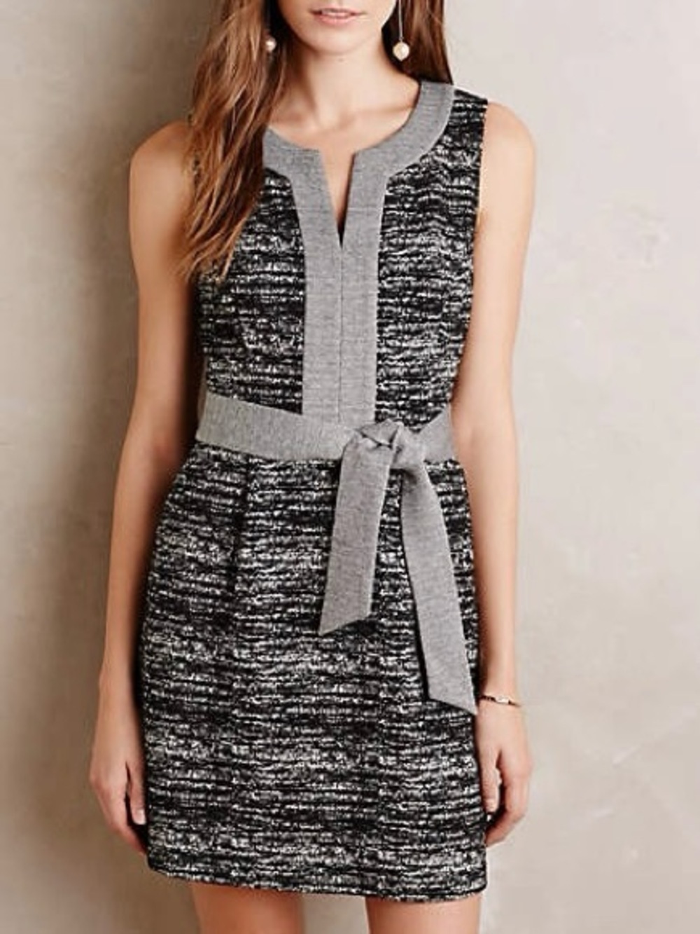 Anthropologie Tabitha Marled Shift Dress Grey Black Knit Split Neck Size 6